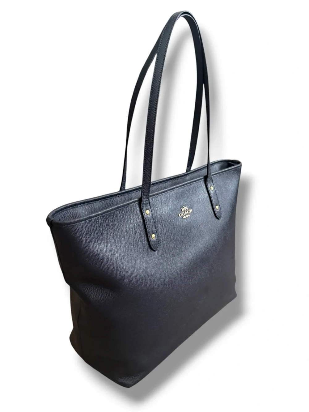 COACH Large City Tote Bag Coated Crossgrain Leather Tote, Navy, EUC - Picture 3 of 15
